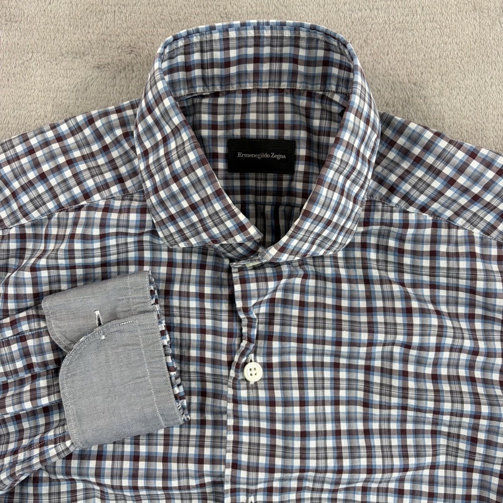 Ermenegildo Zegna Flip Cuff Shirt in Multi Plaid Men Small Designer Long Sleeve